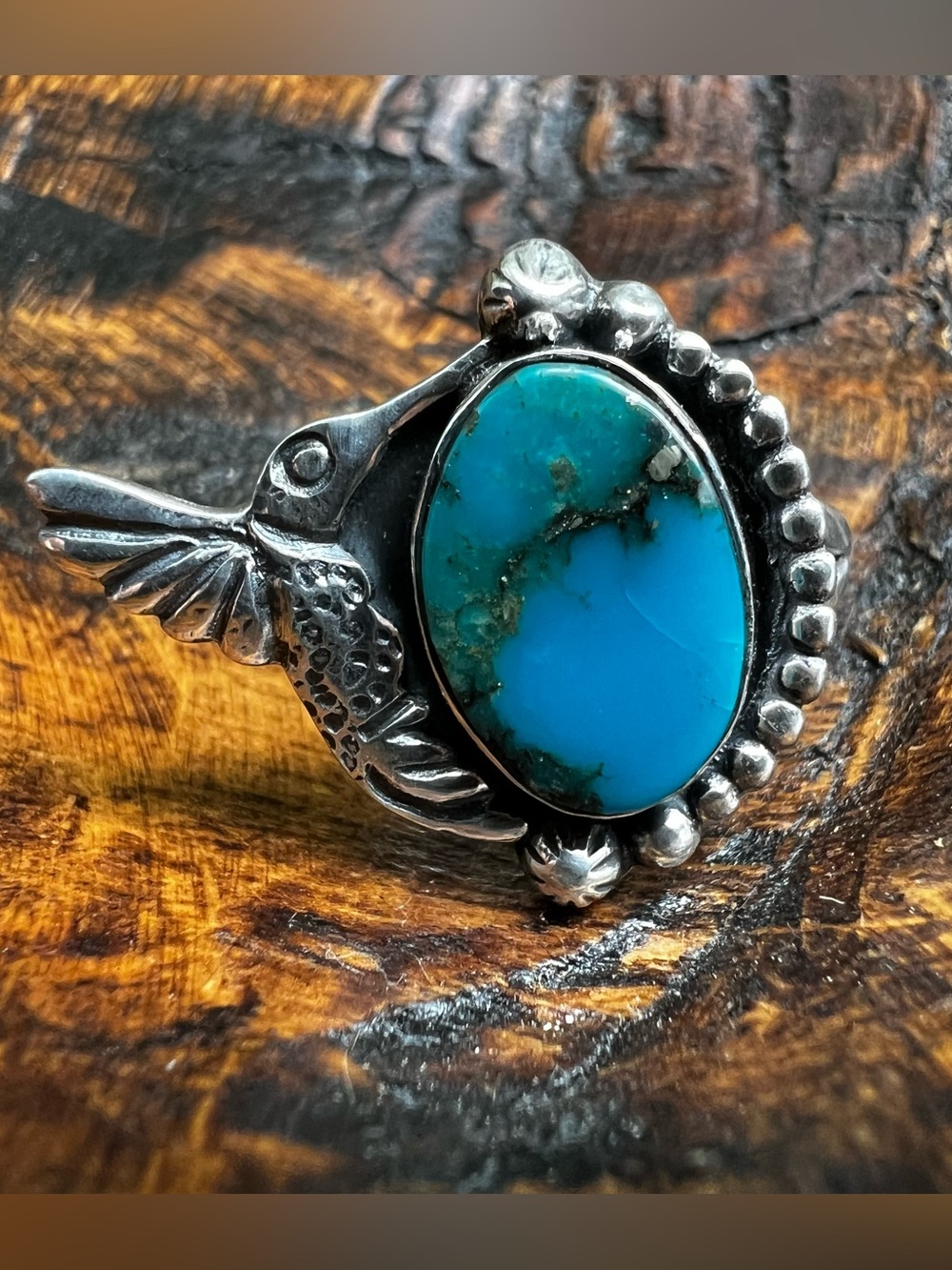 Kingman Turquoise Hummingbird Sterling Silver Ring Size 9.5 Southwestern